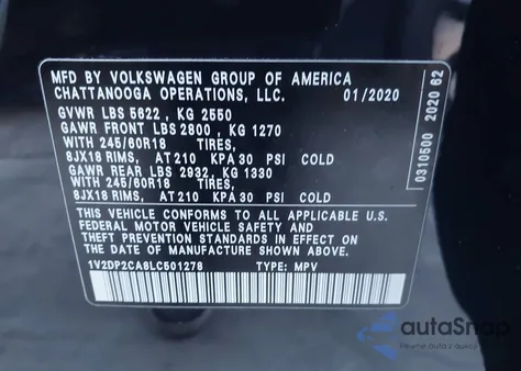 2020 Volkswagen Atlas 2.0T Se z USA, uszkodzony, nr VIN 1V2DP2CA8LC501278